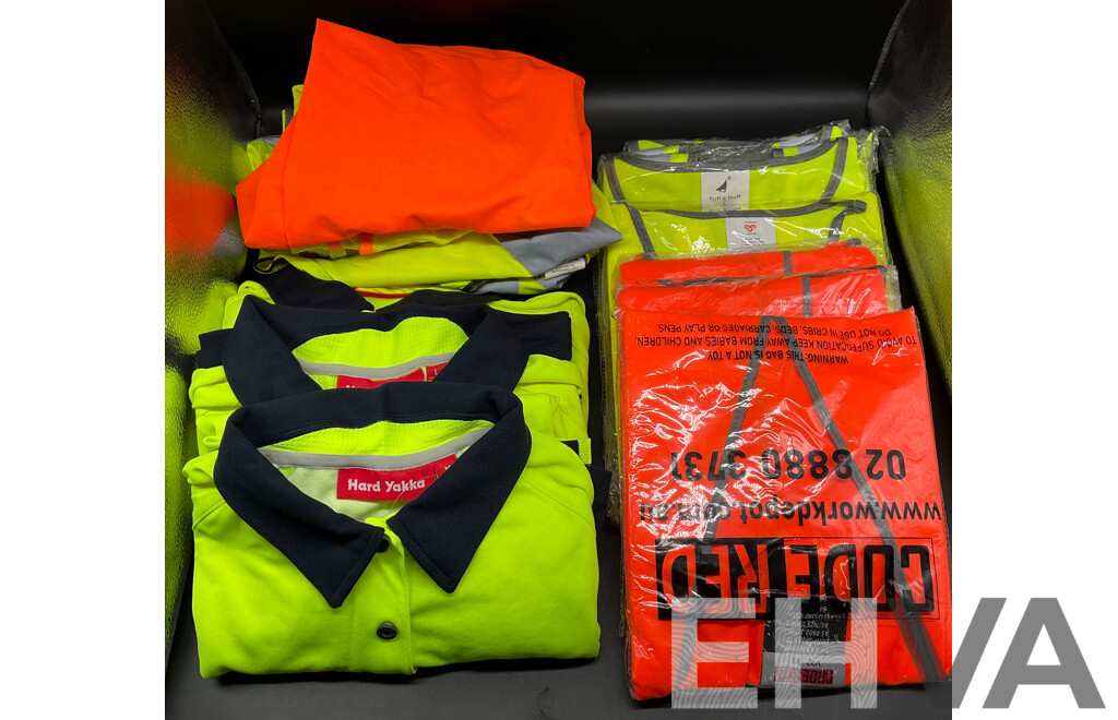 HARD YAKKA Polo Shirt - Long Sleeve (x3), Lime Yellow and Orange Safety Vest (x13)  - Lot of 16
