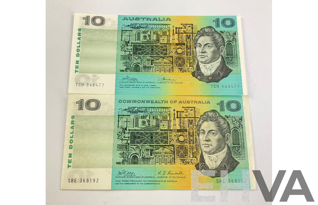 Two Australian $10 Notes. Phillips Randall, Phillips Wheeler. SRE92 TCH77
