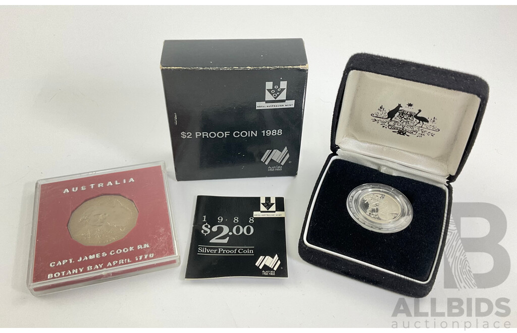 Australian 1988 $2 PROOF Fine Silver Bi-Centennial Coin. 1977 Captain Cook 50c Coin