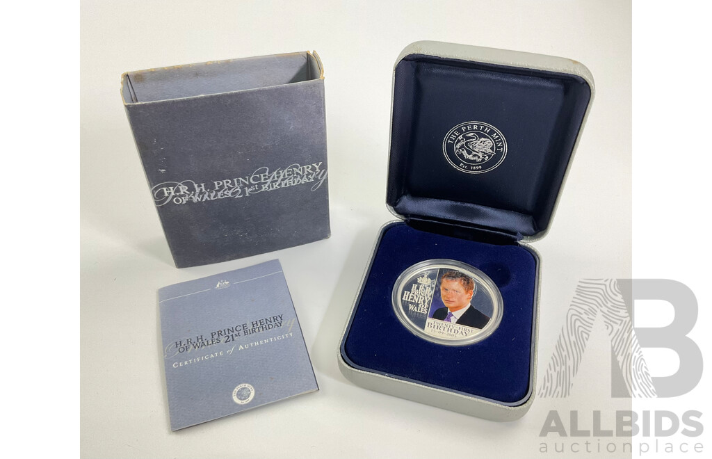 Australian Perth Mint 2005 Prince Henry 21st Birthday Coloured Fine 99.9% Silver 1oz. $1 Coin