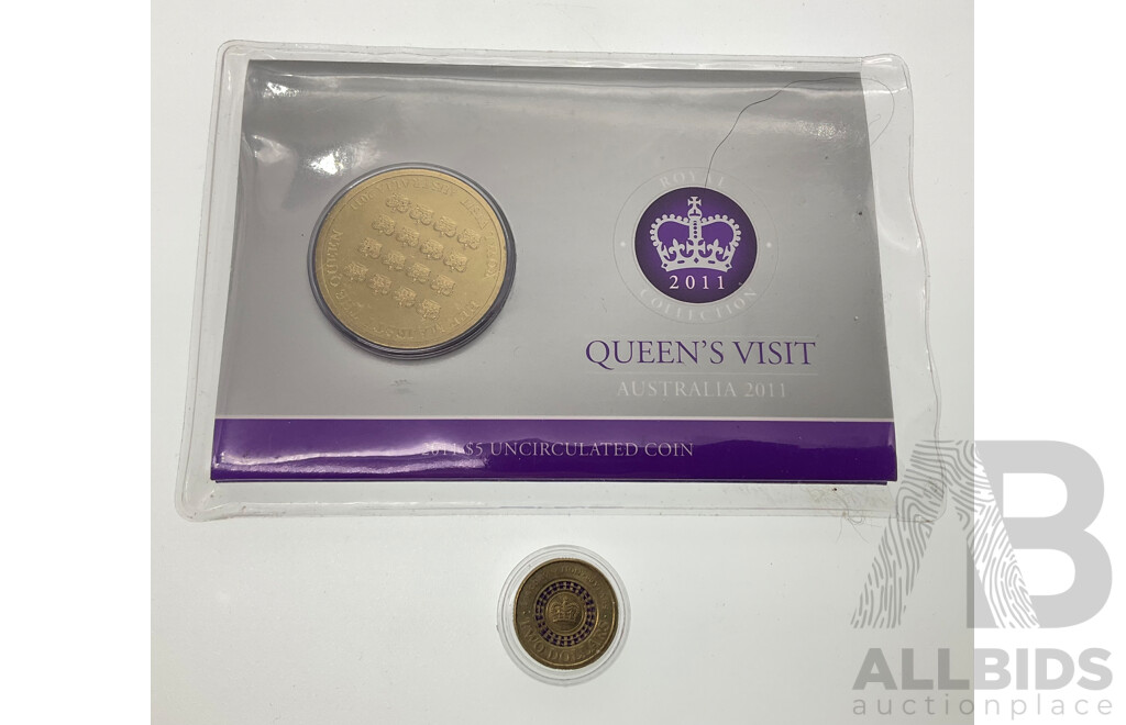 Australian 2013 Two Dollar Coronation Coin and 2011 Five Dollar QE2 Visit