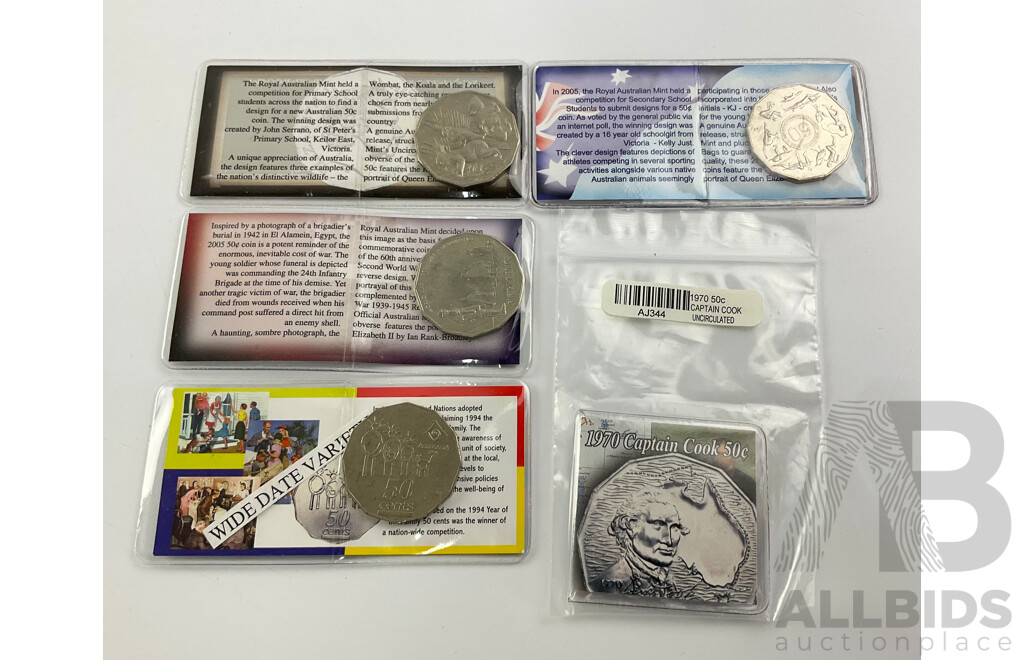 Five Australian Uncirculated Commemorative 50c Coins