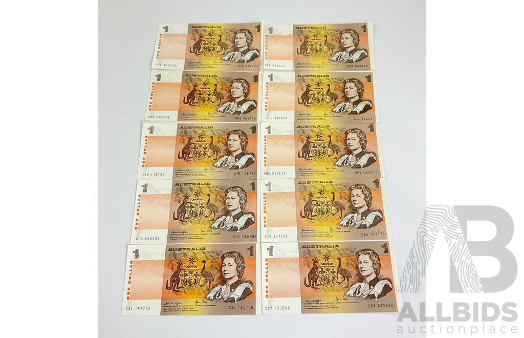 Ten Australian UNC Knight Stone $1 Notes