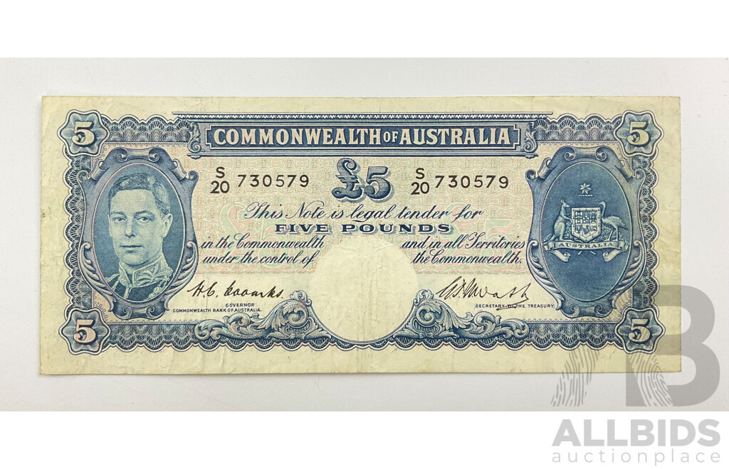 Australian 1949 R47 5 Pound Note, Coombs Watt S20 730579