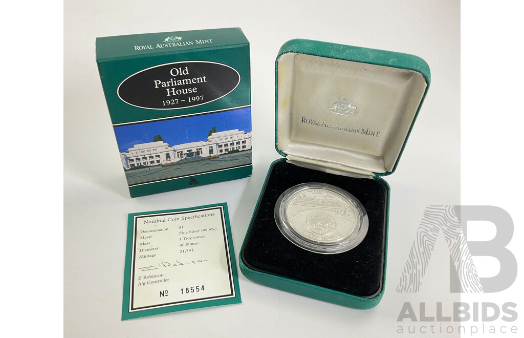 Australian 1997 ‘Old Parliament House’  $1 99.9 % 1 Troy Oz. Fine Silver Proof Coin
