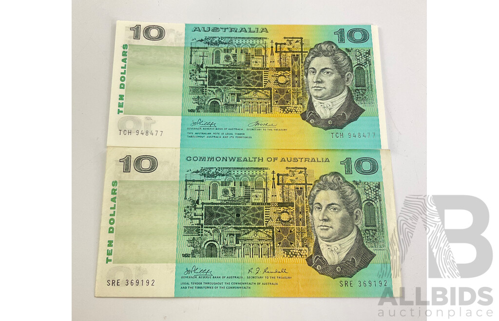 Two Australian $10 Notes. Phillips Randall, Phillips Wheeler. SRE92 TCH77