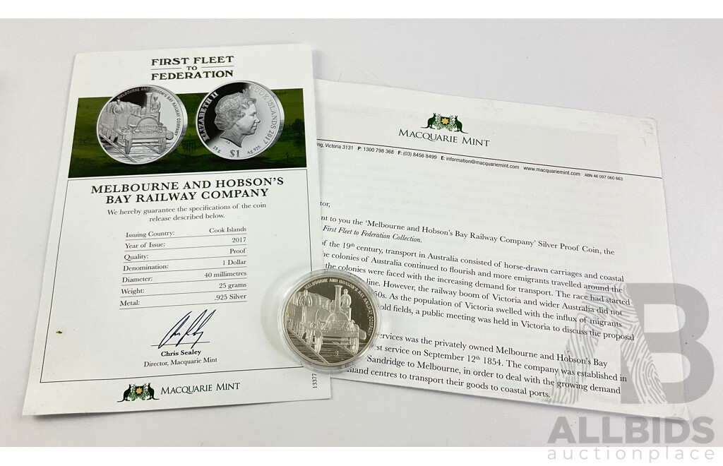 Australian 2017 First Fleet, Melbourne Hobsons Railway Silver Proof $1 Coin. 25 Grams 40mm