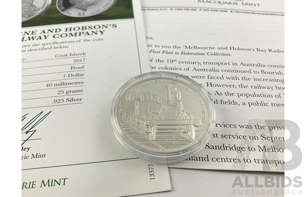 Australian 2017 First Fleet, Melbourne Hobsons Railway Silver Proof $1 Coin. 25 Grams 40mm