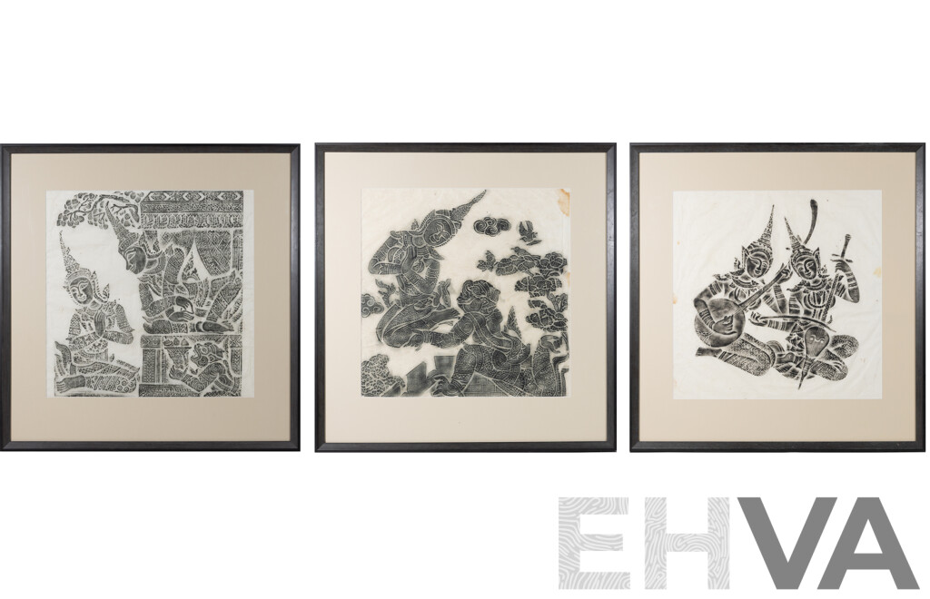 Artist Unknown (20th Century, Thai School), Collection of Three Vintage Charcoal Temple Rubbings on Mulberry Paper, 64 x 61.5 cm (frames) (3)