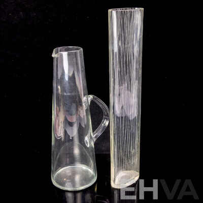 Mid Century Hand Blown Pitcher Along with Retro Glass Vase