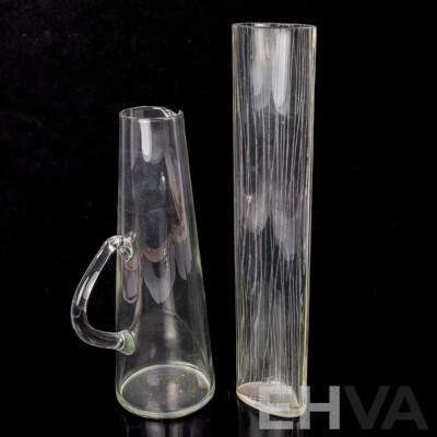 Mid Century Hand Blown Pitcher Along with Retro Glass Vase