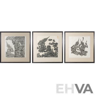 Artist Unknown (20th Century, Thai School), Collection of Three Vintage Charcoal Temple Rubbings on Mulberry Paper, 64 x 61.5 cm (frames) (3)