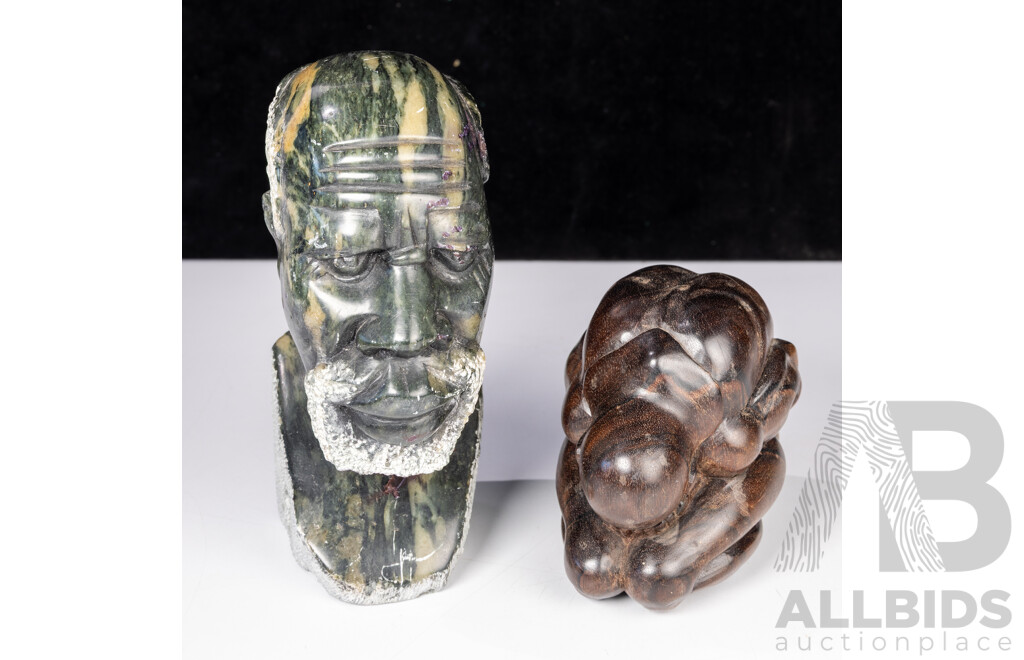 Vintage Hand Carved Shona African Soap Stone Old Man Figure Along with Asian Ebony Wood Man Figure