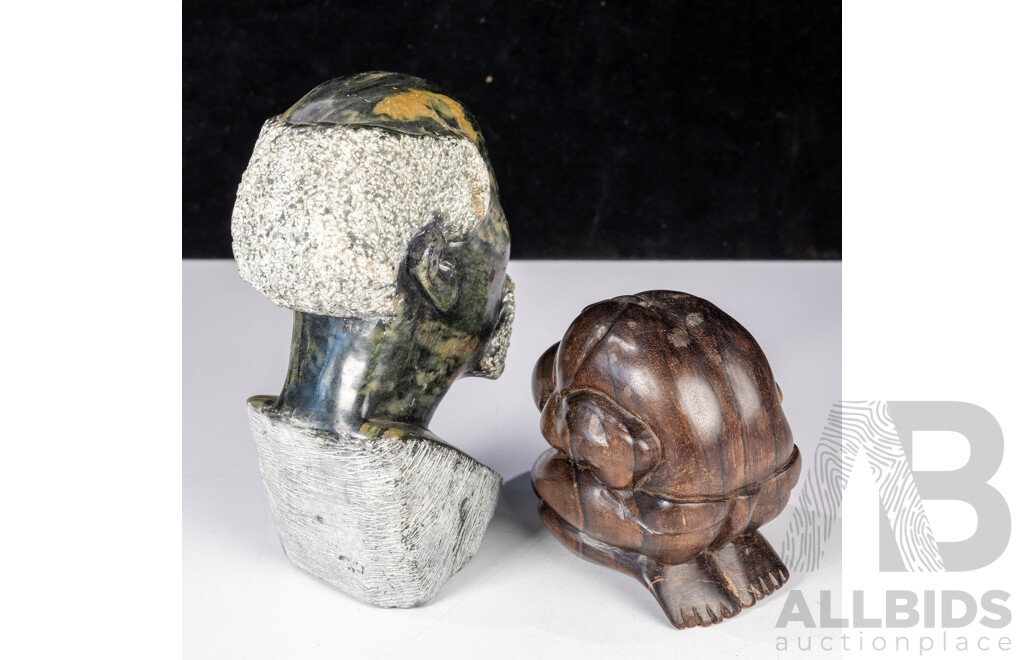 Vintage Hand Carved Shona African Soap Stone Old Man Figure Along with Asian Ebony Wood Man Figure
