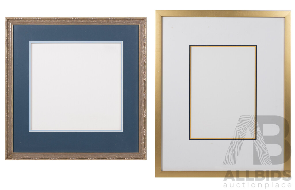 Pair of Lovely Gilt Wood and Ornate Glass Frames with Mat Boards, 54 x 44 & 46 x 46 cm (frames) (2)