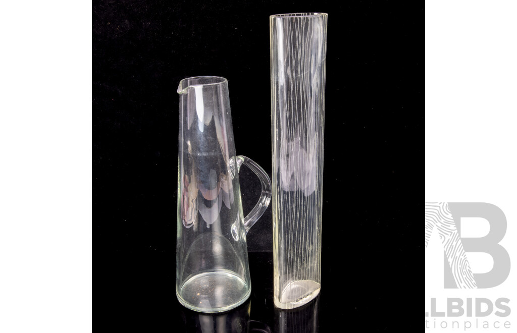 Mid Century Hand Blown Pitcher Along with Retro Glass Vase