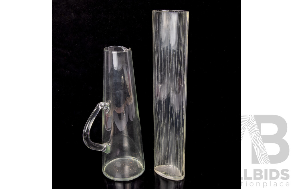 Mid Century Hand Blown Pitcher Along with Retro Glass Vase
