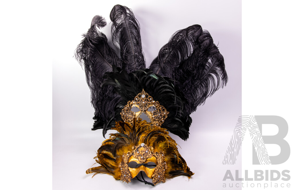 Two Vintage Venetian Carnival Masquerade Masks with Feather Detail by Casin Dei Nobili