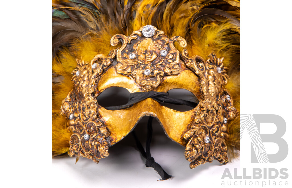 Two Vintage Venetian Carnival Masquerade Masks with Feather Detail by Casin Dei Nobili