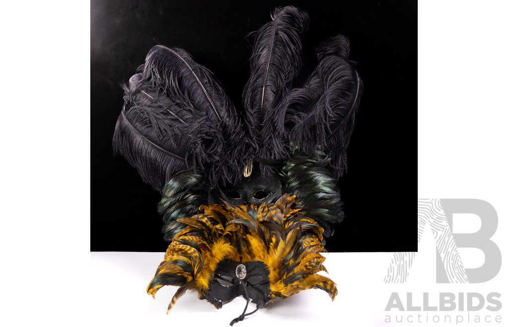 Two Vintage Venetian Carnival Masquerade Masks with Feather Detail by Casin Dei Nobili