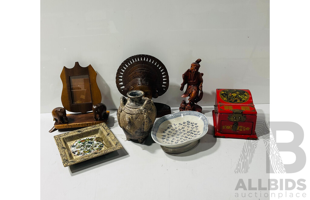 Collection Asian Items Including Indonesian Carved Wood Bust, CArved Wooden Frame with Two Elephants,