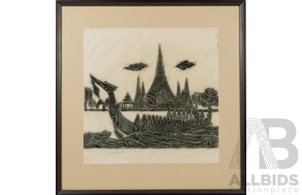 Artist Unknown (20th Century, South East Asian School), Boat, Vintage Charcoal Temple Rubbing on Mulberry Paper, 68 x 66 cm (frame)