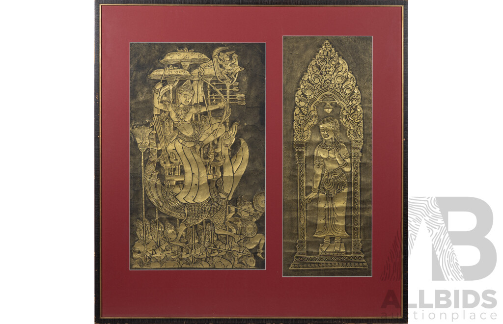 Artist Unknown, (20th Century, Cambodian School), Gold & Black Ink on Rice Paper, Pair of High Relief Angkor Wat Temple Rubbings, 108 x 104 cm (frame)
