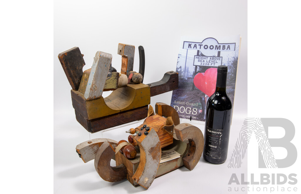 Pair Australian Avant Guard Dog Sculptures by Ian Swift, Bottle Avant Guard Dogs Shiraz, Avant Guard Dogs Book by Ian Swift
