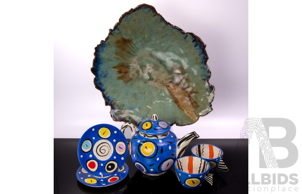 Retro 1980s Studio Pottery Five Piece Tea Set Along with Studio Pottery Platter