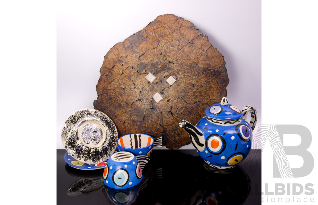 Retro 1980s Studio Pottery Five Piece Tea Set Along with Studio Pottery Platter