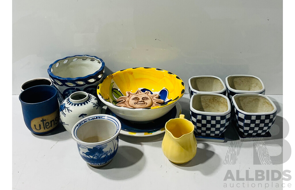 Collection Retro Ceramic Planters Along with Italian Made and Decorated Serving Bowl, Meakin Yellow Jugs and More