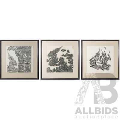 Artist Unknown (20th Century, Thai School), Collection of Three Vintage Charcoal Temple Rubbings on Mulberry Paper, 64 x 61.5 cm (frames) (3)
