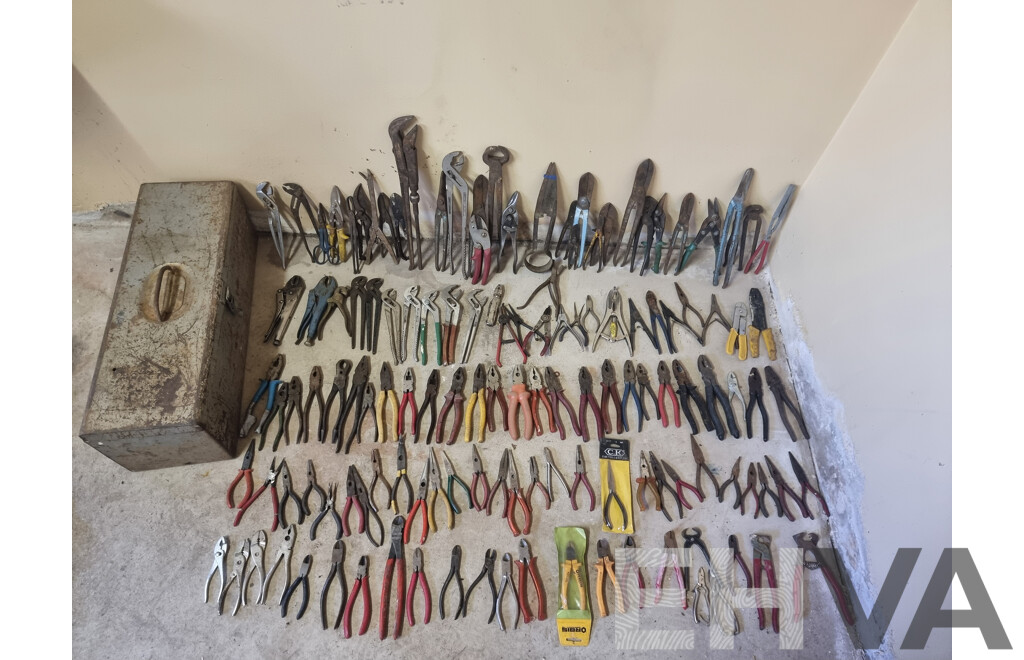 Job Lot Various Hand Tools - Pliers with Metal Tool Box ETC