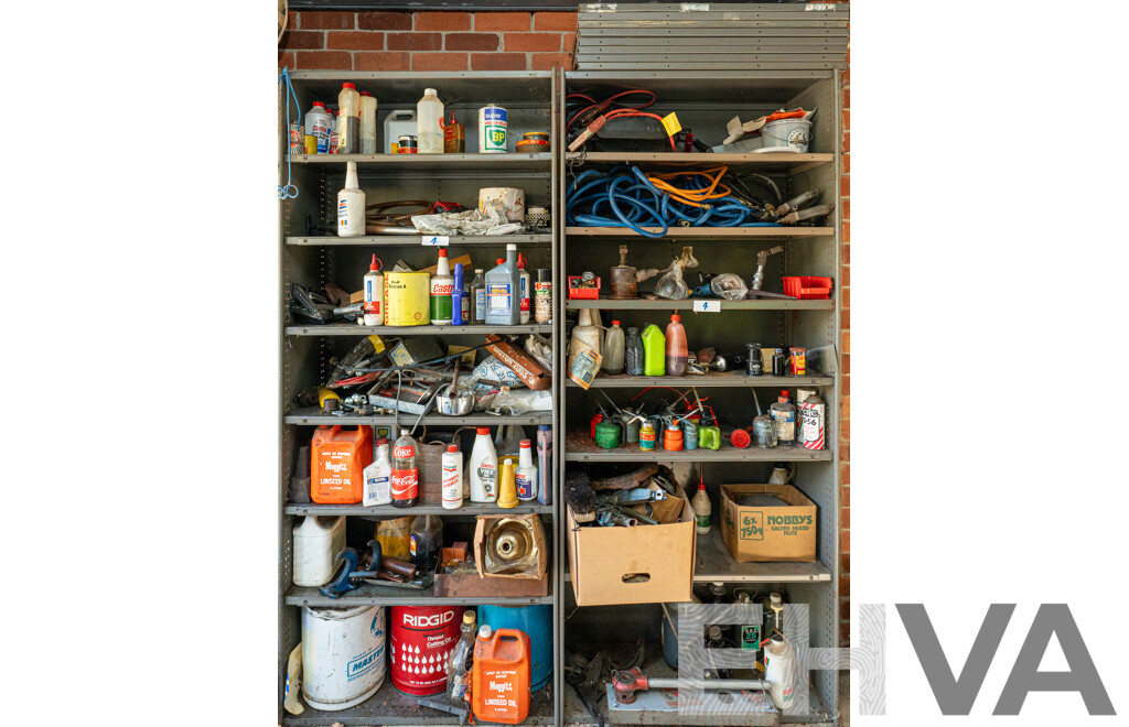 2 Bays of Metal Shelving with Various Tools & Hardware