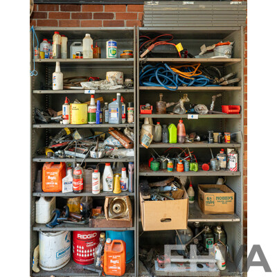 2 Bays of Metal Shelving with Various Tools & Hardware