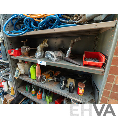 2 Bays of Metal Shelving with Various Tools & Hardware