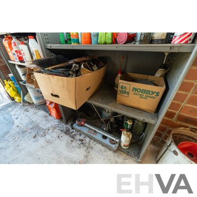 2 Bays of Metal Shelving with Various Tools & Hardware