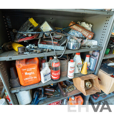 2 Bays of Metal Shelving with Various Tools & Hardware