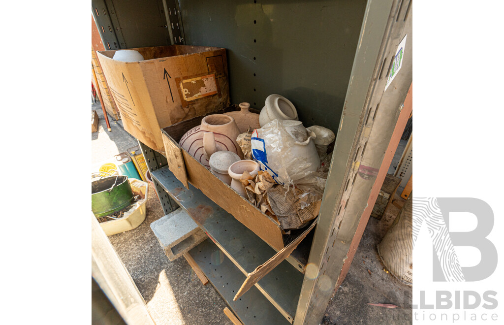 Job Lot Quantity of 2 Bays of Metal Shelving with Various Ceramics & Pottery Tools & Miscellaneous Service Manuals ETC