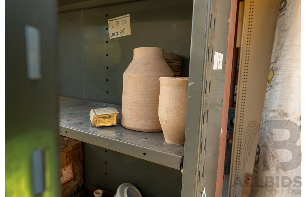 Job Lot Quantity of 2 Bays of Metal Shelving with Various Ceramics & Pottery Tools & Miscellaneous Service Manuals ETC