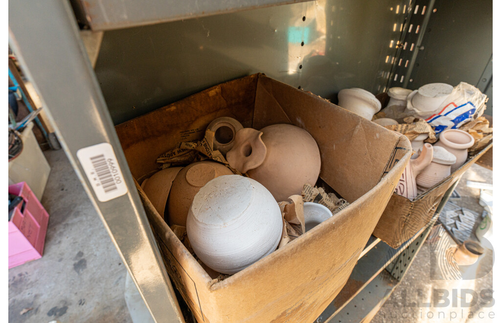 Job Lot Quantity of 2 Bays of Metal Shelving with Various Ceramics & Pottery Tools & Miscellaneous Service Manuals ETC