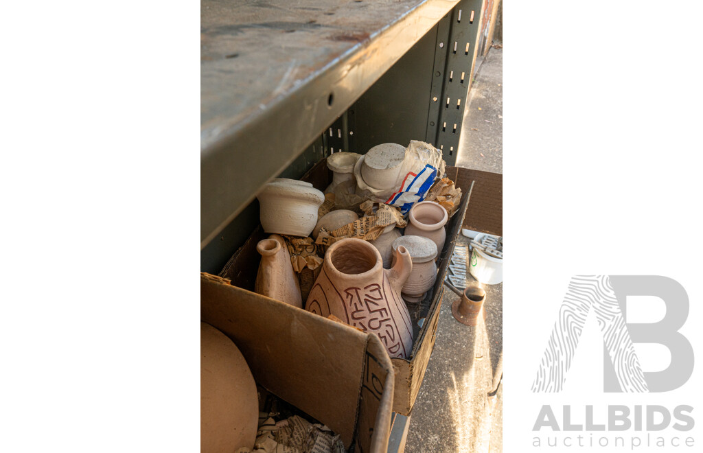 Job Lot Quantity of 2 Bays of Metal Shelving with Various Ceramics & Pottery Tools & Miscellaneous Service Manuals ETC