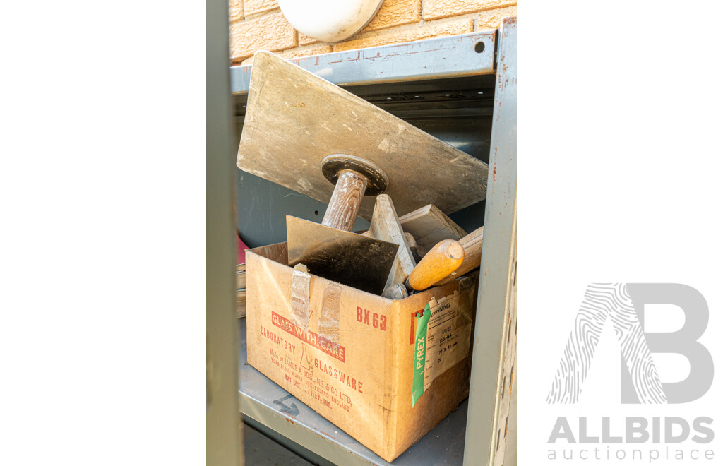 Job Lot Quantity of 2 Bays of Metal Shelving with Various Ceramics & Pottery Tools & Miscellaneous Service Manuals ETC