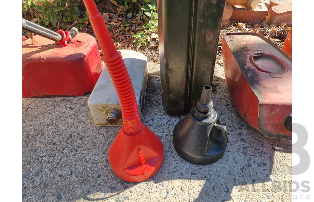Job Lot Quantity of 5 Metal Jerry Cans & Funnels ETC