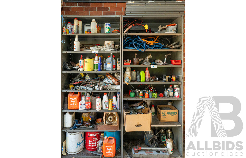 2 Bays of Metal Shelving with Various Tools & Hardware