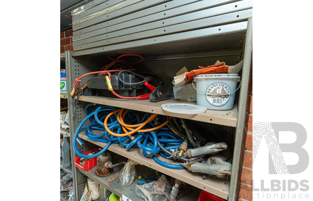 2 Bays of Metal Shelving with Various Tools & Hardware