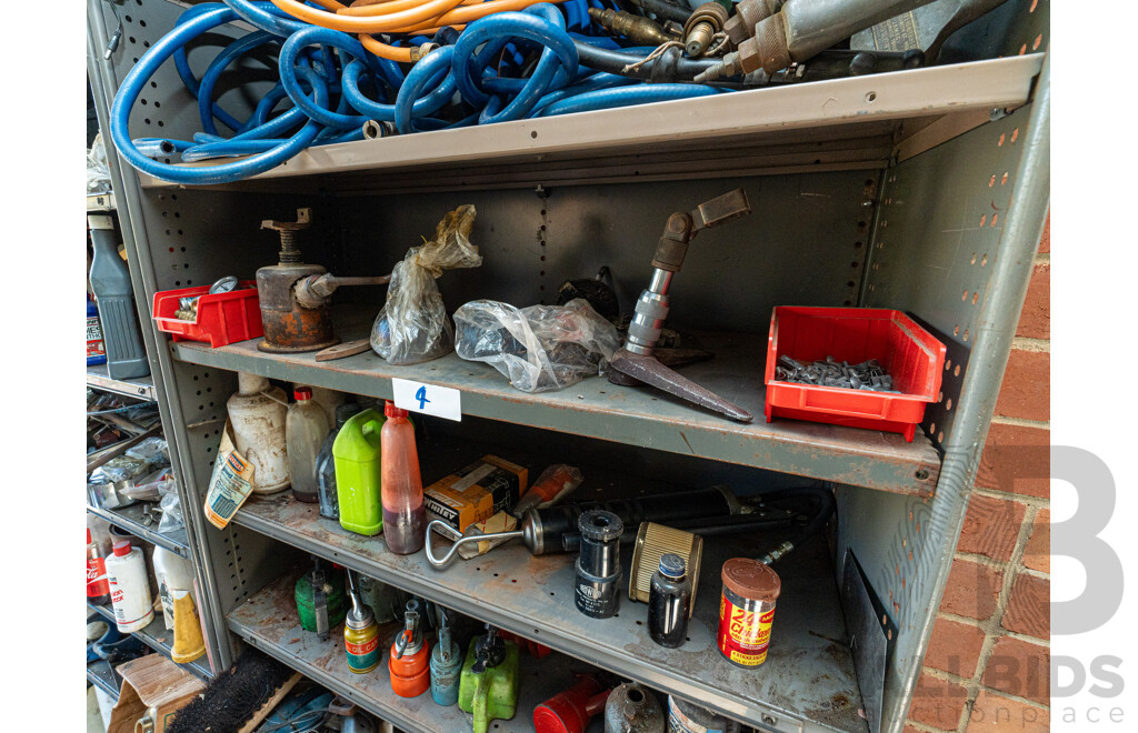 2 Bays of Metal Shelving with Various Tools & Hardware