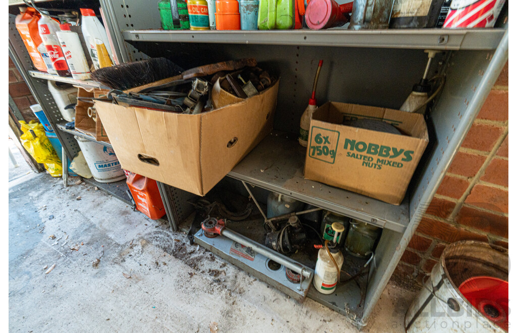 2 Bays of Metal Shelving with Various Tools & Hardware