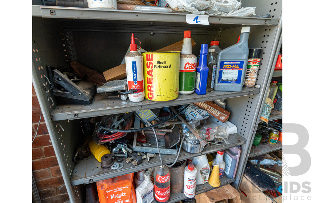 2 Bays of Metal Shelving with Various Tools & Hardware