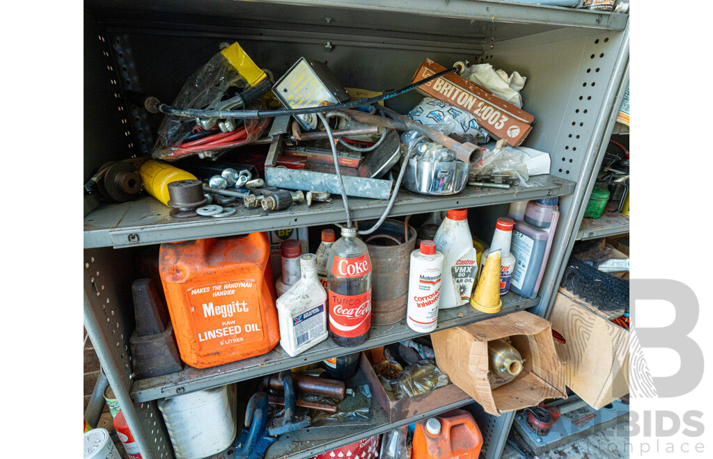 2 Bays of Metal Shelving with Various Tools & Hardware